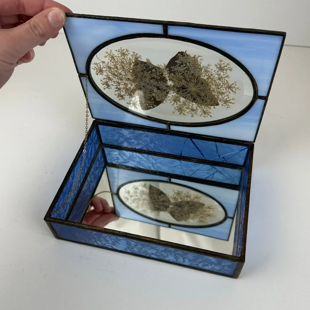 Vintage Stained Glass Hideaway Butterfly Trinket Box Blue Slag Glass Taxidermy